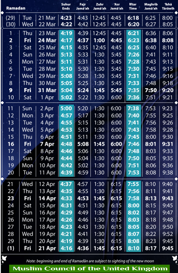 Ramadan Timetable 2023 Muslim Council of the United Kingdom